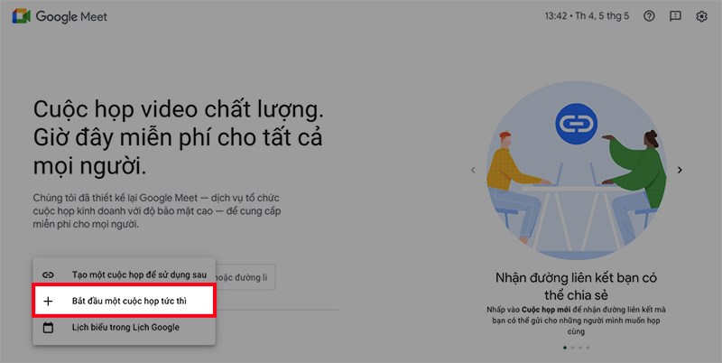 tạo cuộc họp google meet