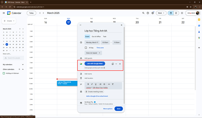 tạo cuộc họp google meet